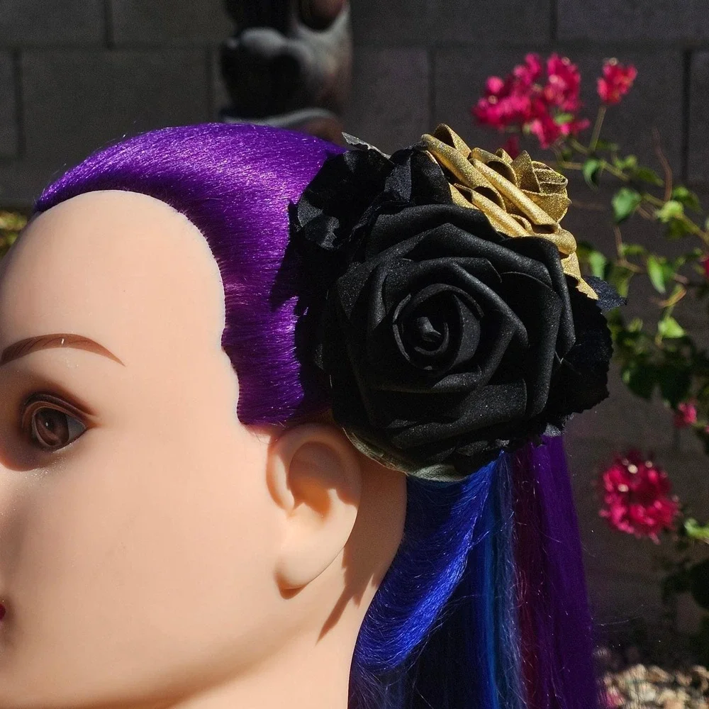 Handmade Black Gold‎ Rose Hair Clip Gothic Glam Floral Fascinator Rockabilly